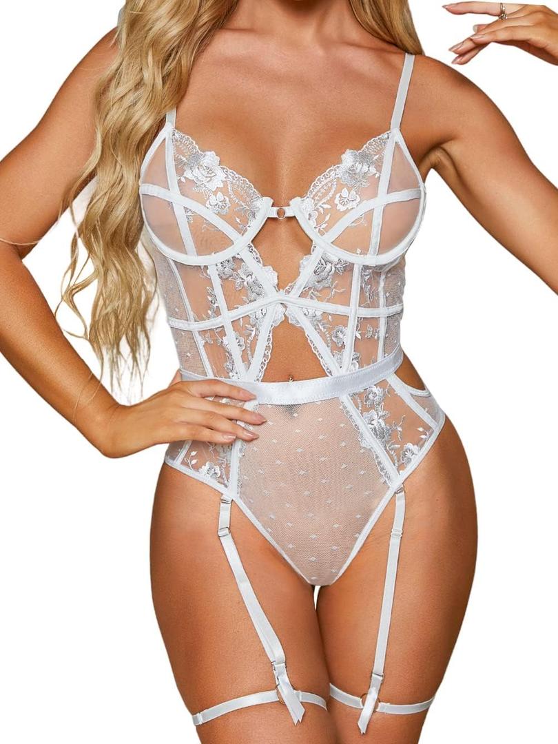 Kaei&Shi Floral Embroidered, Underwire, Removable Garter, Thigh Straps, Backless Bodysuit (2-4, White)