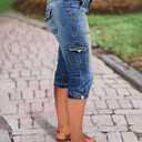 Flamingals Women's Star Flap Pocket Side Vintage Summer Low Waist Skinny Cargo Capris Jeans (Blue, XL)