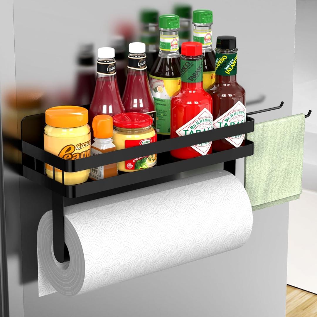 ZUNTO Magnetic Paper Towel Holder for Fridge, Black Kitchen Organizer with Towel Roll Holder, Spice Shelf and 2 Hanging Racks(No Drilling)