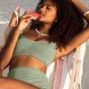 Herseas Women's Loop Straps Bikini Sets 2 Piece Shine Ribbed Swimsuits Ruched High Waisted Bathing Suits (Green, XL)