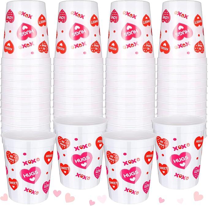 Meanplan 24 Pcs Valentine Plastic Cups, Reusable 16oz Heart Tumblers Galentines Day Cups for Kids Adults, Red Pink Valentine's Day Party Supplies for Anniversary Decoration