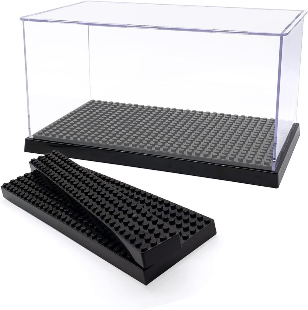 Acrylic Display Case for Figures Dustproof, Clear Display Box with Building Base, Collection Bricks Storage Blocks Aciton Figure Showcase (Black)