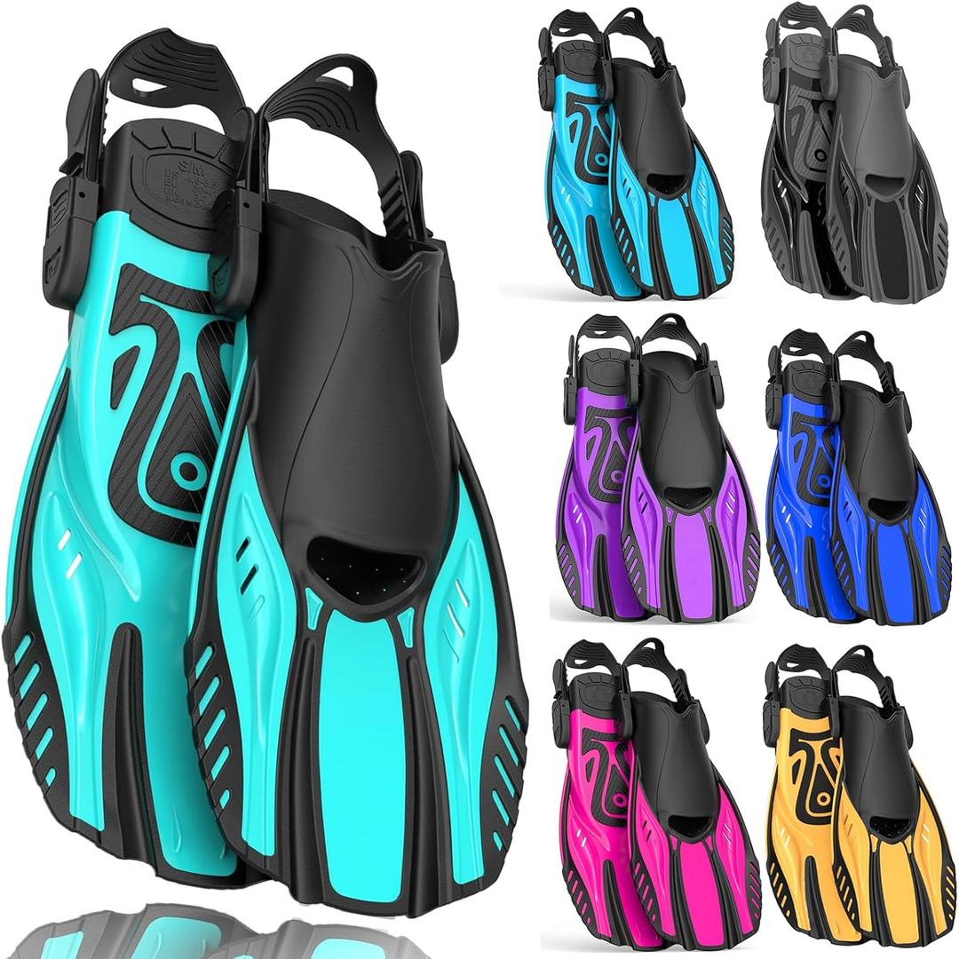 Snorkel Fins Diving Fins Adjustable Buckles Open Heel Swim Flippers Travel Size Short Swim Fins for Snorkeling Diving Swimming Adult Men Womens (green)