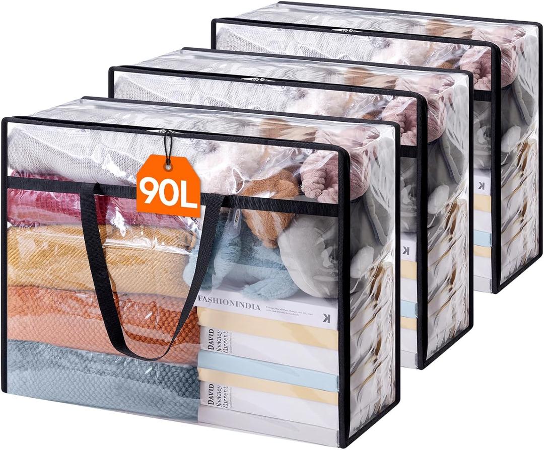 Lifewit 3 Pack Clear Clothes Storage Bags, 90L Plastic Blanket Storage Bag, Vinyl Foldable Moving Bags with ZipperCloset Organizers and Storage Containers for Comforter, Bedding, Duvet, Pillow (90L)