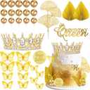 Knana 33Pcs Gold Crown Cake Topper Butterfly Cake Decorations with Gold Happy Birthday Cake Topper for Queen Princess Wedding Party Favors