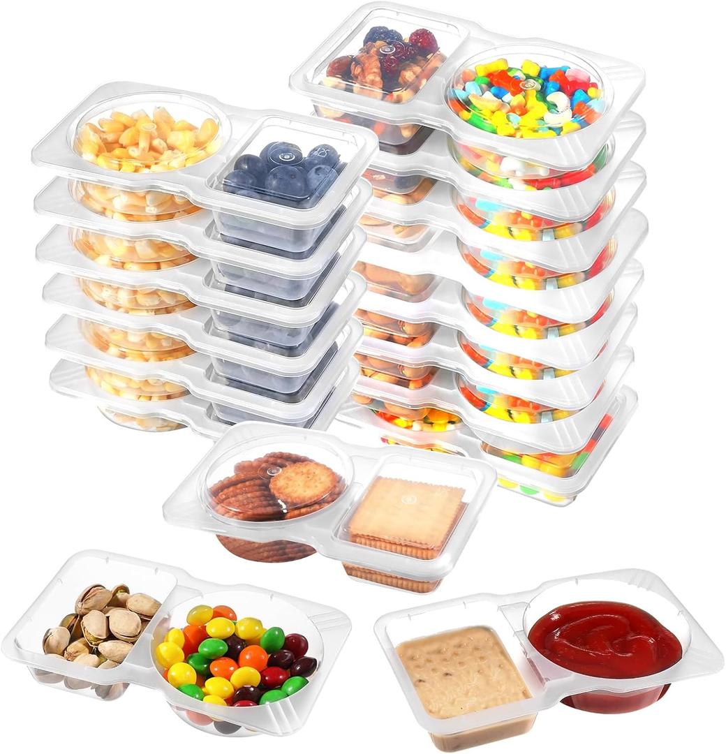 3 x 20 PCS Snack Containers with Lid,reusable snack containers with lids,Leakproof Dipping Containers with Compartments,snackle box container,snack pack containers,Double Compartment Condiment Containers