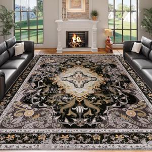 RUSHUFFY 8x10 Washable Area Rugs for Living Room, Non-Slip Large Boho Vintage Retro Print Pattern Carpet for Bedroom Dorm Dining Room Farmhouse Nursery Home Office, Black & Gold