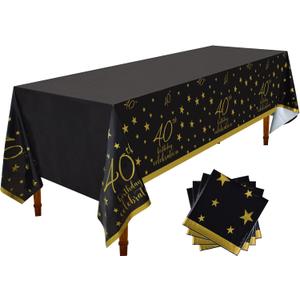 Gatherfun 40th Birthday Disposable Tablecloth 4 Pack Gold and Black Waterproof Plastic Table Cover for Men Woman 40 Birthday Party Decorations