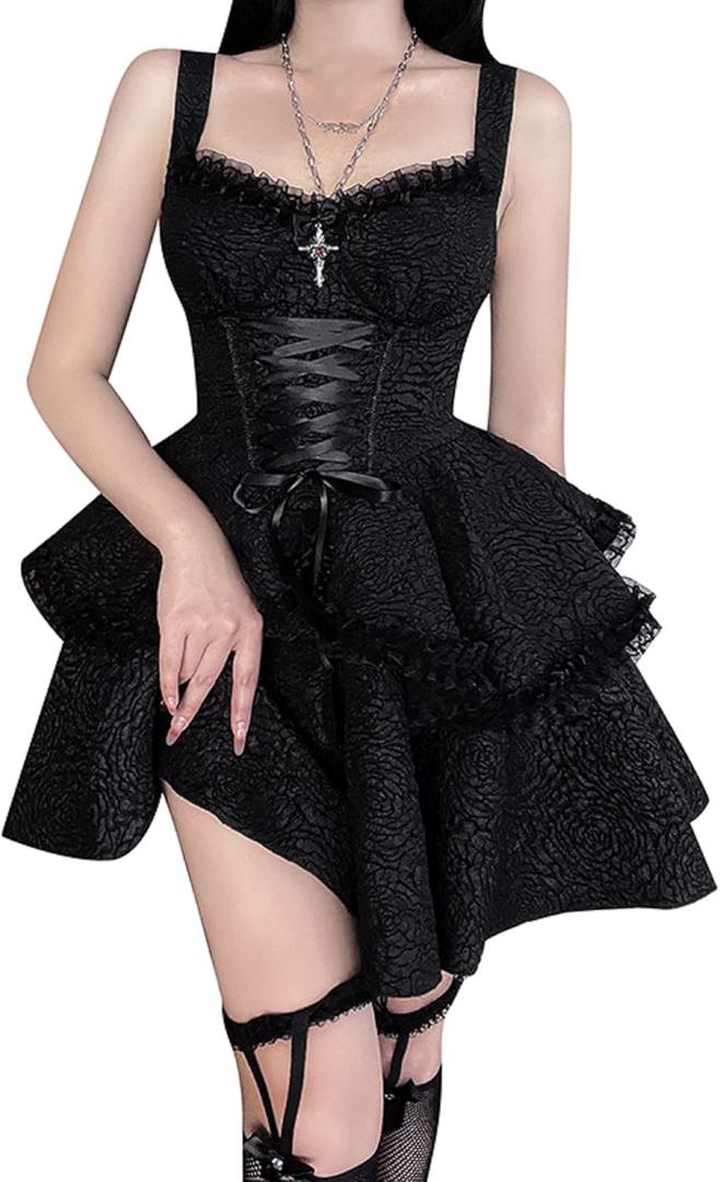 TSMNZMU Womens Pleated Halter Mini Dress Gothic High Waist A-Line Dresses Double Layer Laced Cross Fairy Dress Bandage, Medium