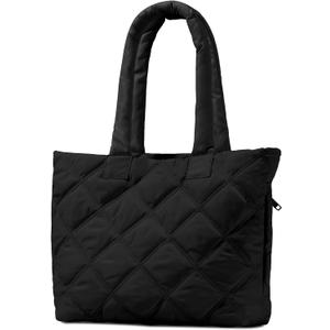 soewten Puffer Tote Bag for Women, Quilted Bag with Zipper, Small Tote HandBags for Work, Travel (Medium-black)