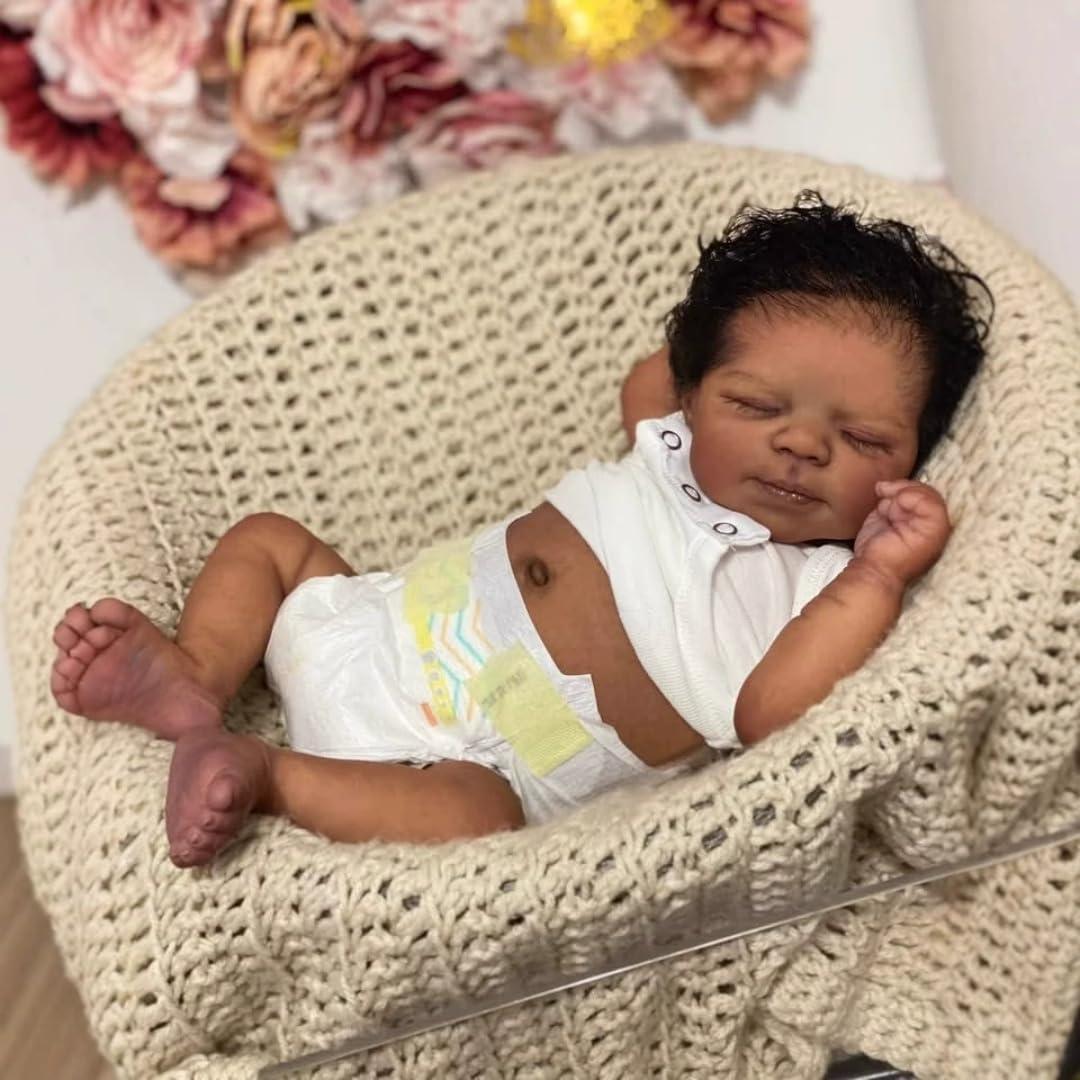 Reborn Baby Dolls Silicone Full Body Black Boy 19 Inch Lifelike Sleeping Baby Doll Poseable Realistic Newborn Baby Dolls African American Reborn Doll with Hair Gift Toys for Kids Age 3+ Girls
