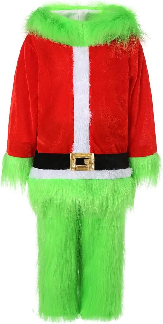Kids Christmas Costumes Long Sleeve Hooded Top and Pants Sets Green Furry Monster Christmas Outfits (2-3 Years)