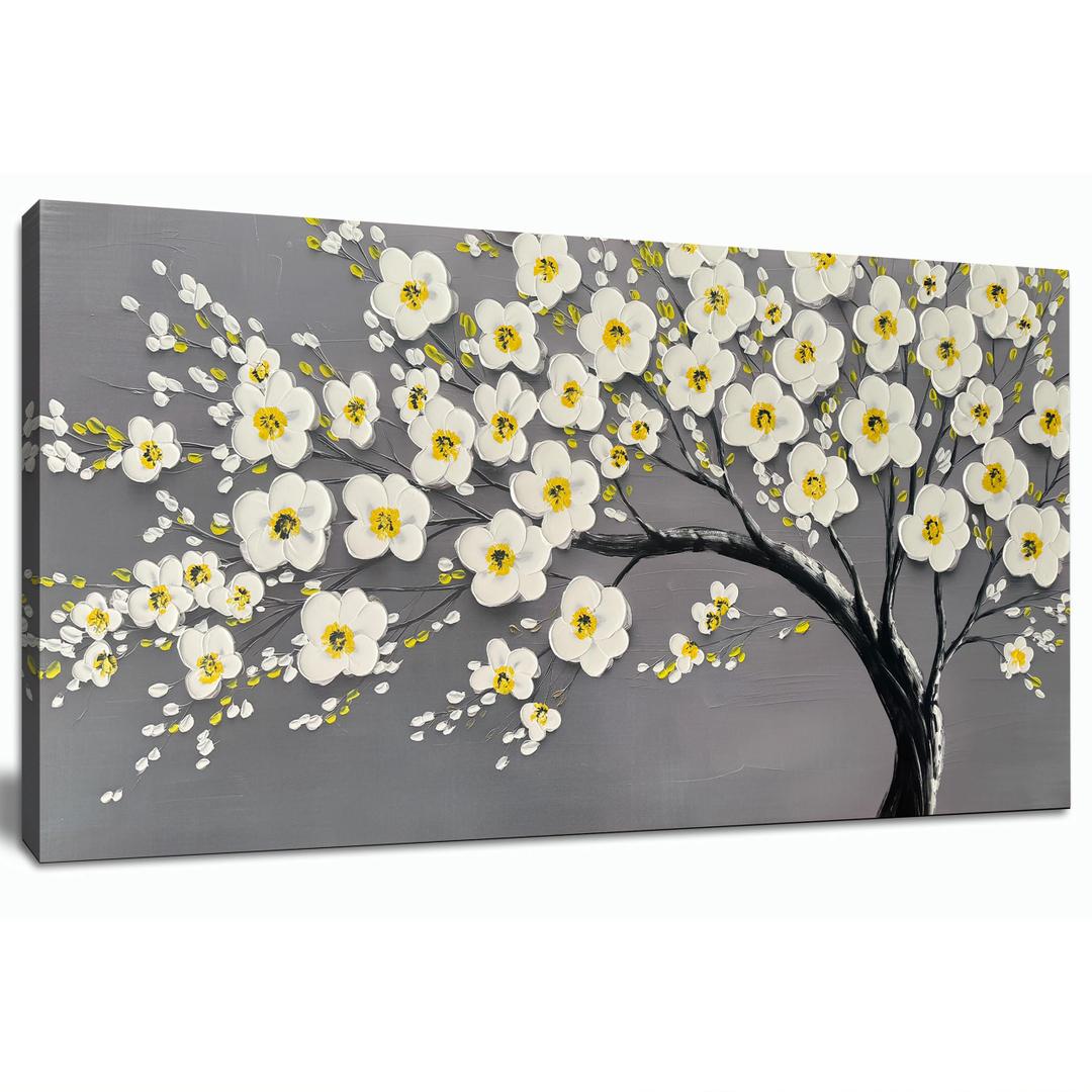 Tarfupth Large Flower Wall Art for Living Room Hand-Painted White Blossom Tree Wall Art Textured Floral Canvas Painting for Office Bedroom Girls Room Home Decor 20x40 Inch