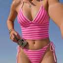 ZAFUL Striped Swim Suits for Women 2025 Halter V Neck Tankini Sets Terry Bikini High Cut Tie Side Thong Bathing Suit (Pink, S)