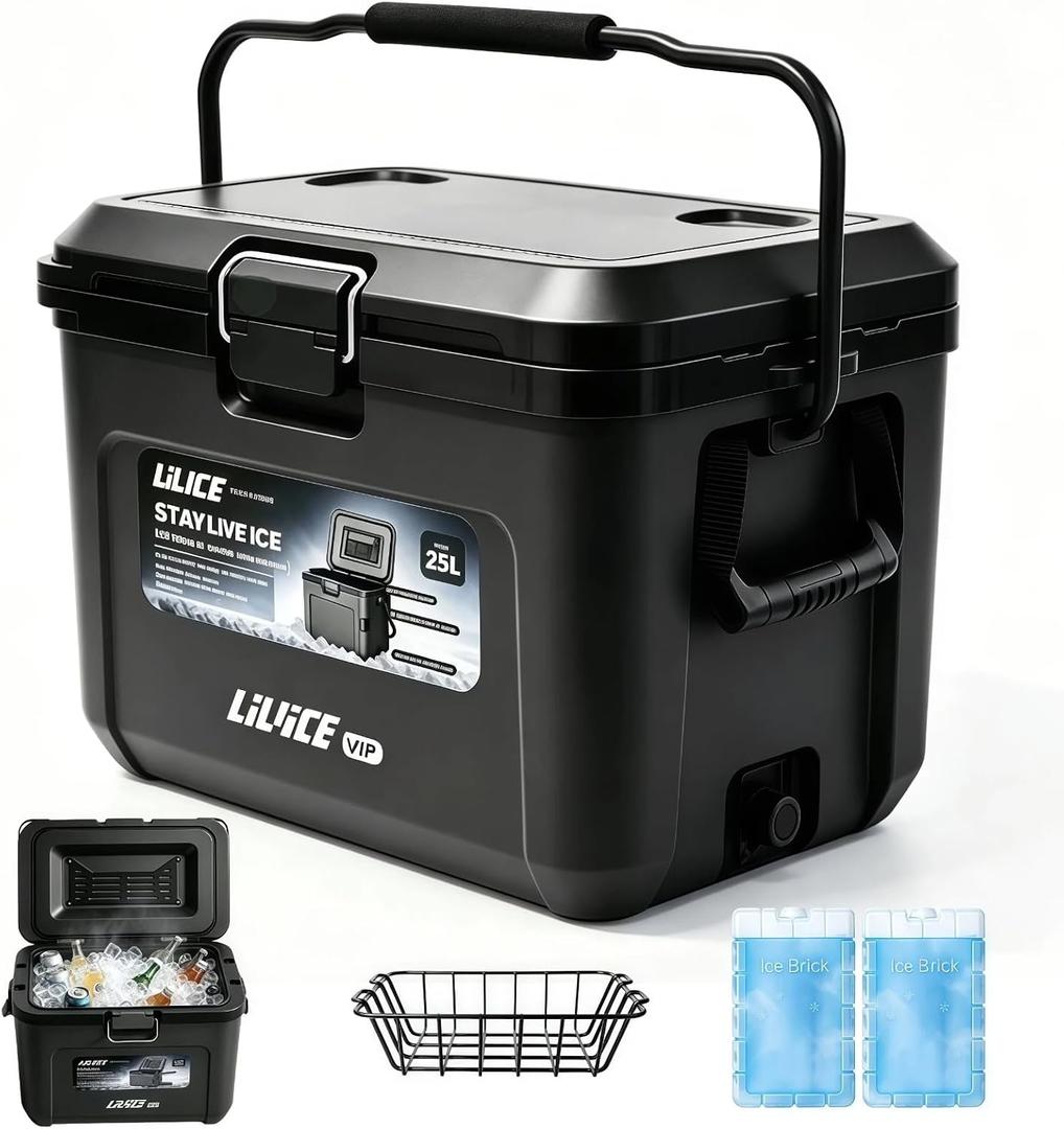 25L Portable Hard Cooler, 5 Days Ice Retention, Black