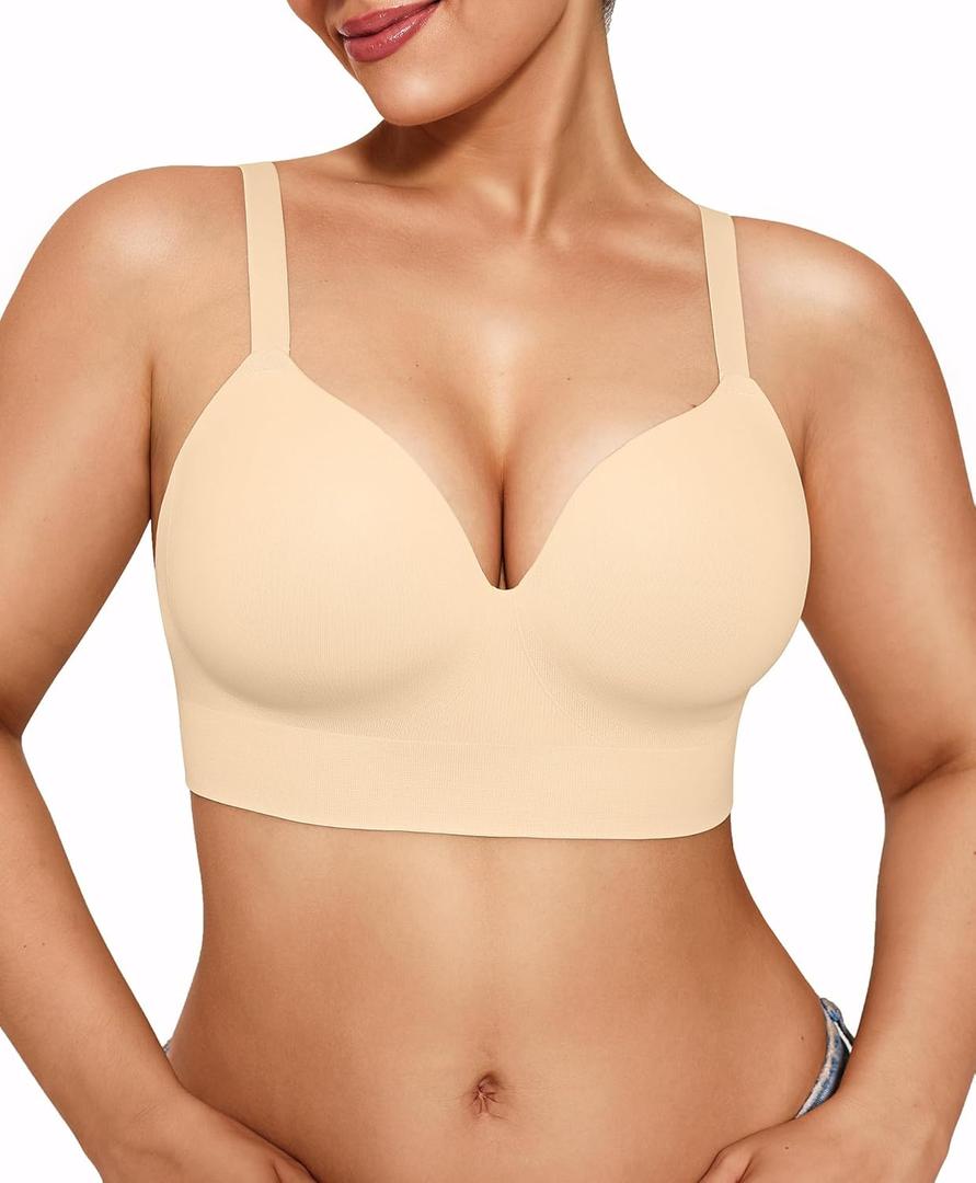 Popilush Bras for Women No Underwire Supportive Push Up Bralettes Wireless Full Coverage Plus Size T-Shirt Bra (Large, Skin)