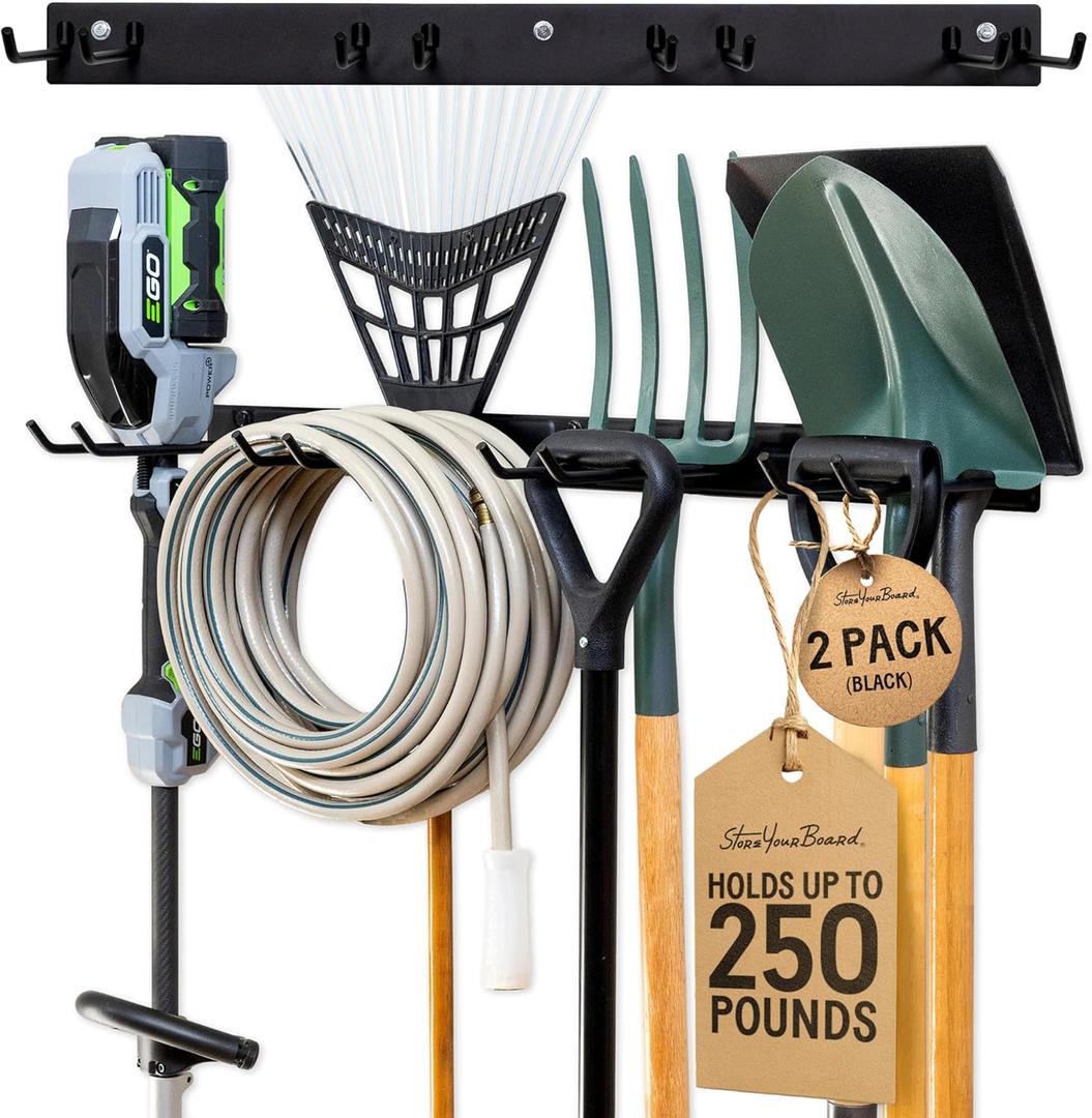 StoreYourBoard Wall-Mounted Rack With 4 Garage Hooks  Heavy-Duty Steel Holder Garage & Garden Storage for Shed, Workshop, or Home Organization  For Rakes, Shovels, Tools & More  2 Pack, Black