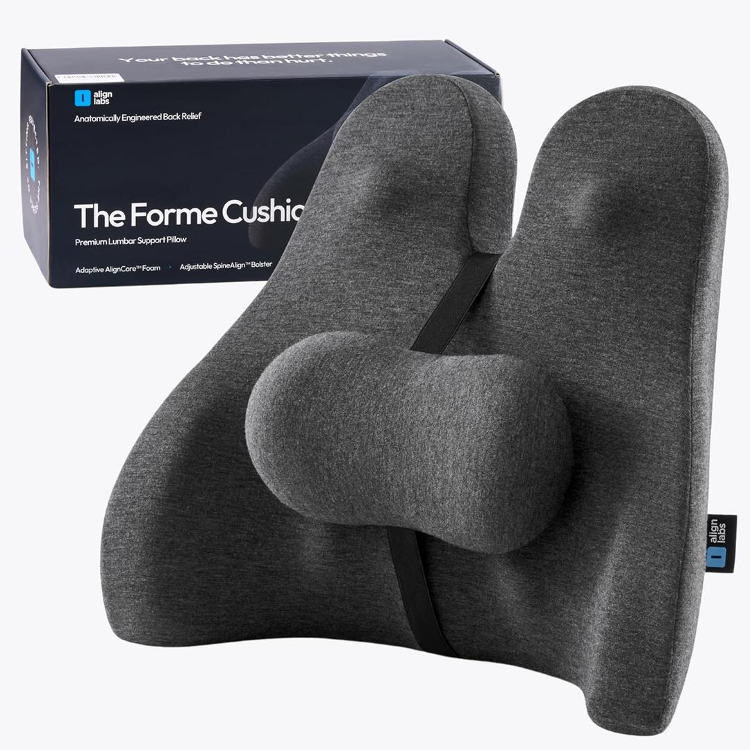 Lumbar Support Pillow for Office Chair - Lower Back Pain Relief Cushion with Adjustable SpineAlign Bolster, Memory Foam Pillow for Car, Couch, Gaming Seats - Dual Straps, Dark Grey