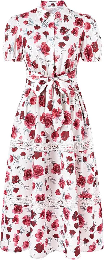 GRACE KARIN Women's 2025 Summer Floral Flowy Dresses Boho Tie Belt Short Puff Sleeve A Line Maxi Shirt Dress with Pocket, M