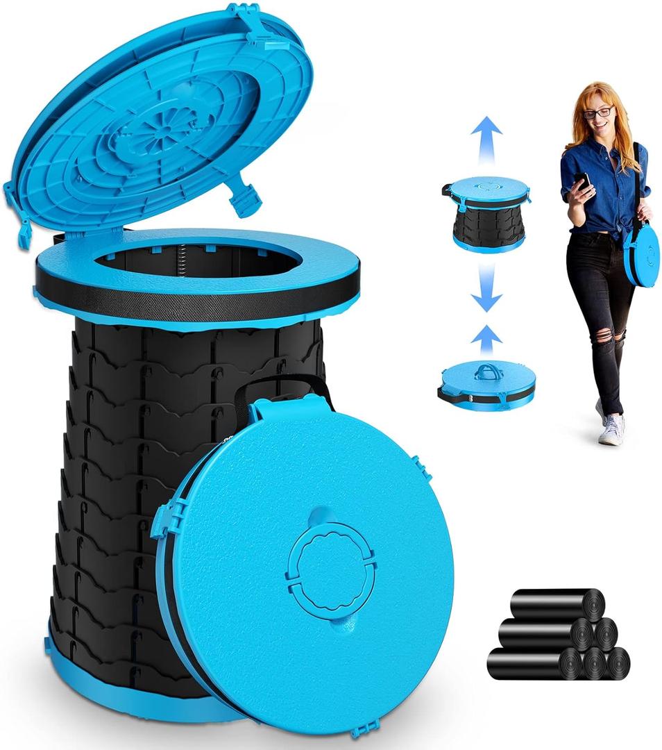 XXL Portable Toilet - 19.7"H Adjustable Foldable Camping Toilet, Luggable Loo with Lid, Strap,Toilet Bag for Camping, Hiking, Travel and Car (Blue)