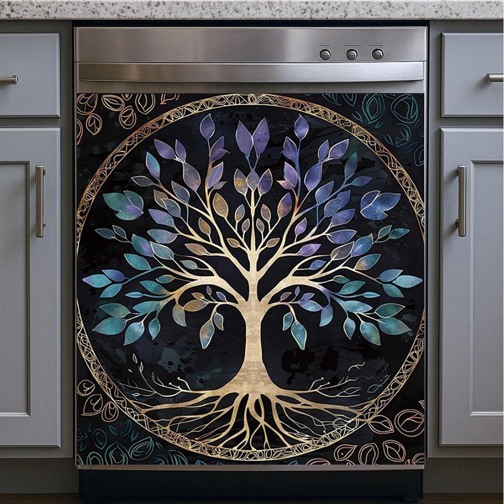 2D Flat Dishwasher Magnet Cover 23x26 Inch Tree of Life Stained Glass Style Kitchen Appliance Front Decorative Panel Removable Fridge Sticker Spiritual Nature Home Decor
