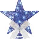 Sumind 9.8 x 11.8 Inch Christmas Star Tree Topper Glittered Star Metal Plug in Treetop Ornaments with Bow and 30 LED String Light for Christmas Tree Indoor Holiday Party Decoration(Blue)