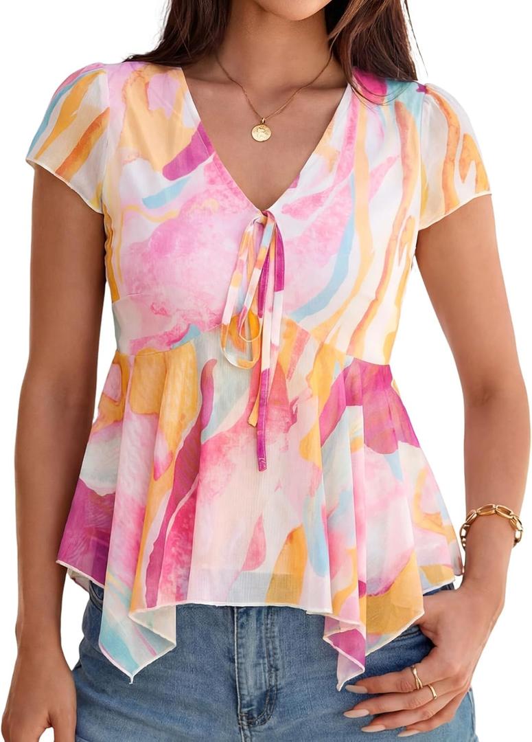 Simplee Womens Summer Babydoll Tops Floral Dressy Short Sleeve Peplum Top Casual Flowy V Neck Beach Shirts 2026 (Medium, Orange Pink Floral)