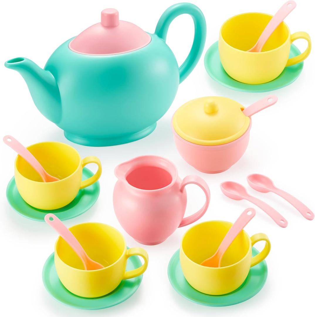 JOYIN 18PCS Pretend Role Play Tea Party Set Play Food Accessories BPA Free, Phthalates Free, Plastic Tea Set, Mini Kitchen for Kids, Gifts for Toddler Boys Girls Ages 3 4 5 6 Years Old