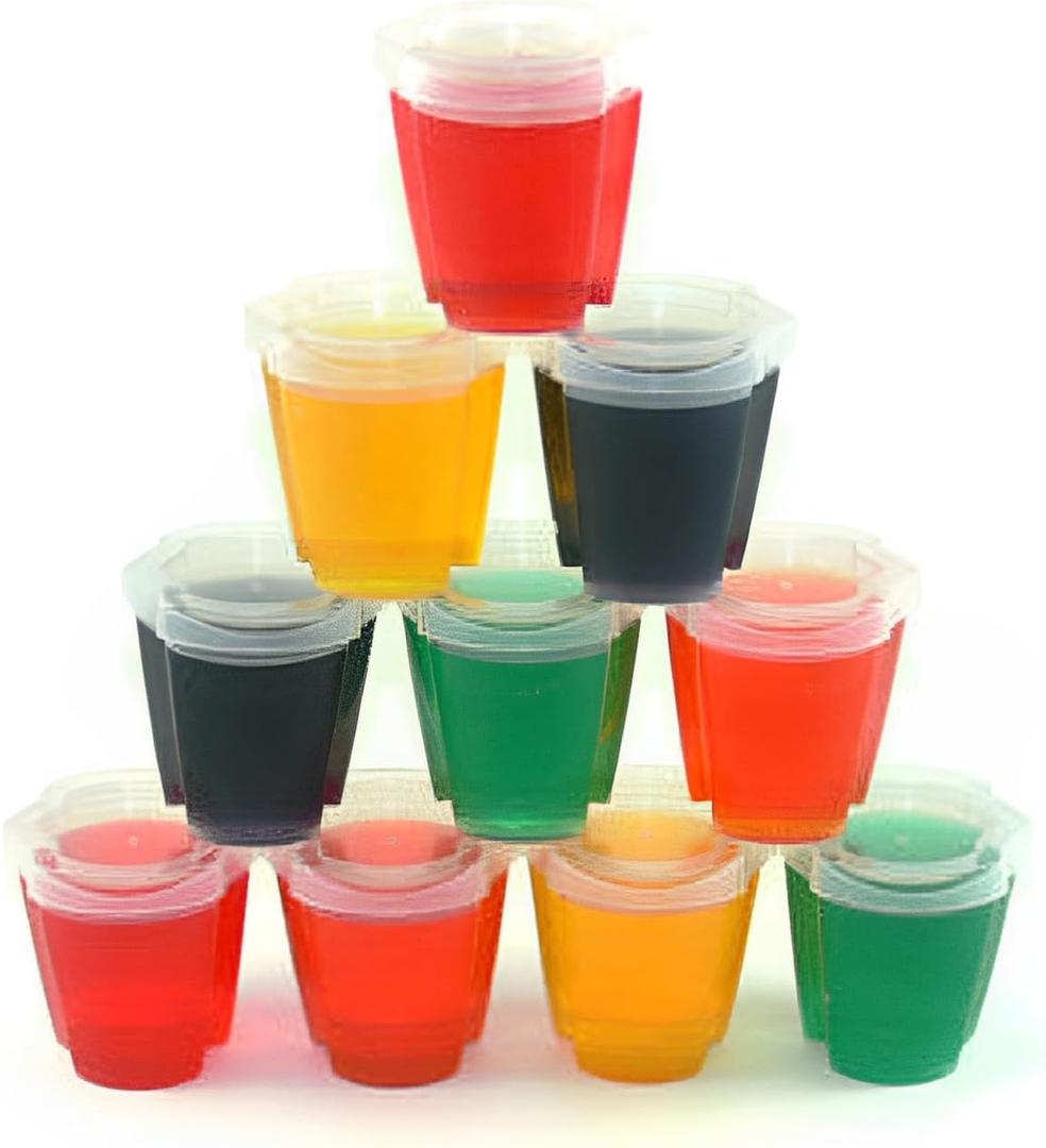 50 EZ-Squeeze Jello Shot Cups With Lids - 2 oz Max Capacity-New and Improved Design 2019 - Jello Shot Cups With Lids Stackable - Easy To Squeeze -Fun For All Occasions