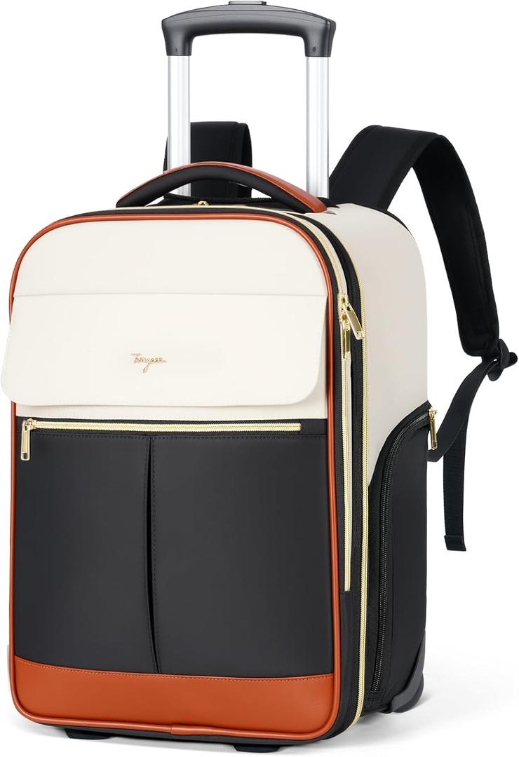 Rolling Backpack for Women, Large Travel Backpack with Wheels Carry on Flight Approved, 15.6 Inch Laptop Wheeled Roller Bag Suitcase for Work Bussiness Weekender (Beige, M Underseat Size)