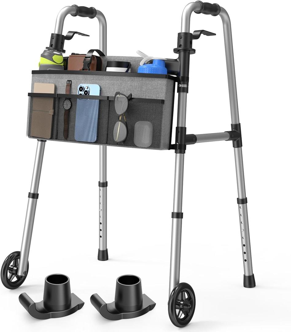 Folding Walker with Basket and Glide Skis, 5" Wheels Lightweight Walkers for Seniors and Adults, Supports Up to 350 Pounds, Adjustable Height, Compact Standard Walker, Black Walker With Basket