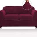 PrinceDeco Velvet Couch Cover Loveseat Covers for 2 Cushion Couch 3 Piece Sofa Covers for Dogs Washable Loveseat Covers Width Up to 72 Inch No Slip Stretch Sofa Slipcover(Medium, Burgundy)