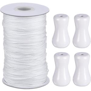 Hestya 1.8 mm White Braided Lift Shade Cord 55 Yards/roll with 4 Pieces Wood Pendant for Aluminum Blind Shade, Gardening Plant and Crafts (White)