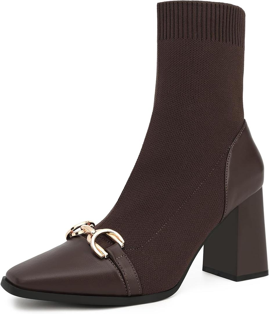 NEWBELLA Women's Vintage Ankle Boots with Chain Detail, Classic Style,Brown 7.5