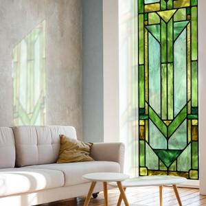 Faux Stained Glass Effect Transparent Window Film, Original Hand Dawn Static Cling Home Decal Inspired by Frank Lioyd Wright, 22.83" x114.17" Hollyhock House, Green