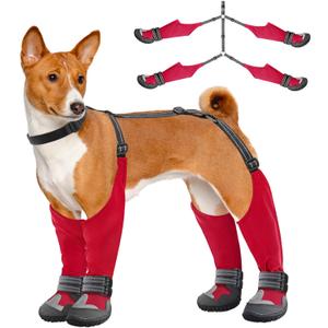 Idepet Dog Suspender Boots, Tall Dog Boots Anti-Slip & Fall Waterproof Shoes Leggings, Adjustable Suspender Boots for Winter Snow Rain Hiking Paws Protector (Red,3)