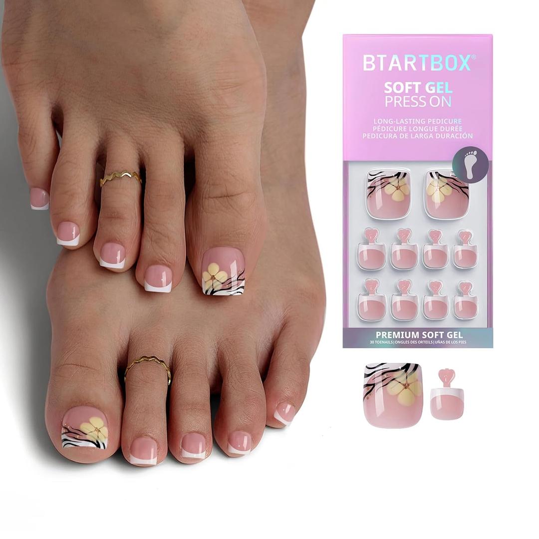 BTArtbox Press On Toenails Short - Isle Plumeria Pedi, Easy-to-Apply Flower French Tip Square Toe Nail Press Ons with Glue and Adhesive Tabs in 15 Sizes - 30 Toenails All-in-One Kit