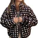 Womens Checkered Sherpa Jacket Cropped Long Sleeve Plaid Fleece Coats Casual Zip Up Gingham Outwear with Pockets, XL