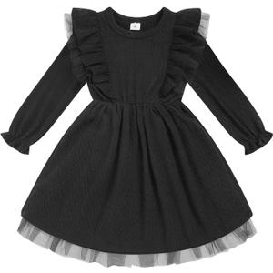 Toddler Girl Dress Fall Ruffle Long Sleeve Baby Girl Solid Color Casual Dresses (Black, 6Y)