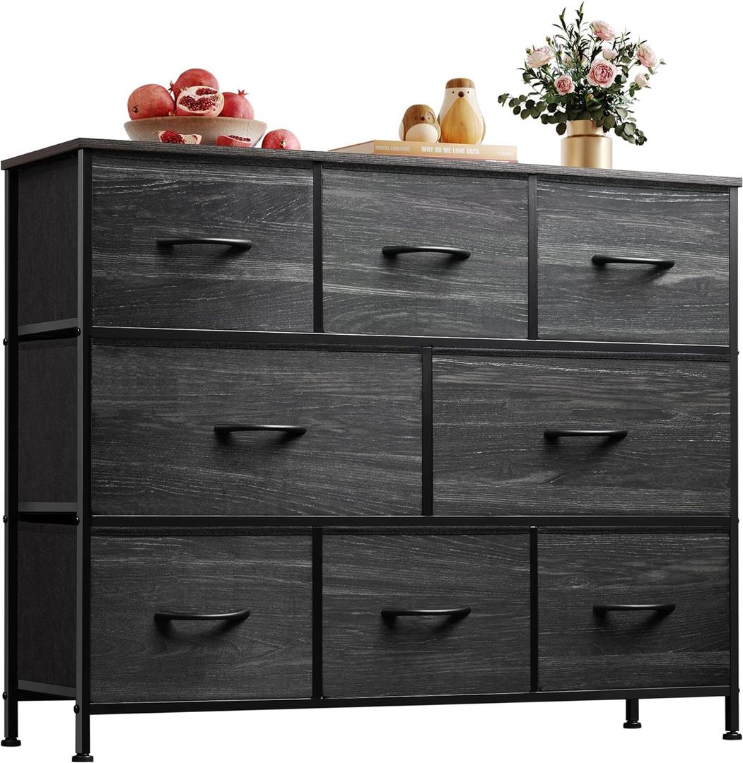 WLIVE 8 Drawer Dresser for Bedroom, Fabric Black Dresser with Large Storage Drawer Unit for Entryway, Chest of Drawers for Living Room (Charcoal Black Wood Grain Print)