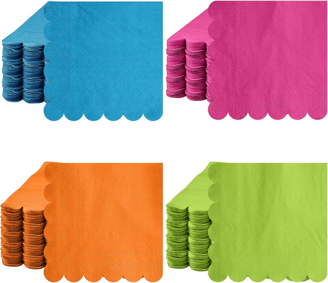 Yeaqee 100 Pcs Neon Colored Scalloped Napkins Paper Cocktail Napkins 2 Ply Bright Beverage Paper Napkins Disposable Colored Napkins for Fiesta, Birthday Parties (Assorted Color)