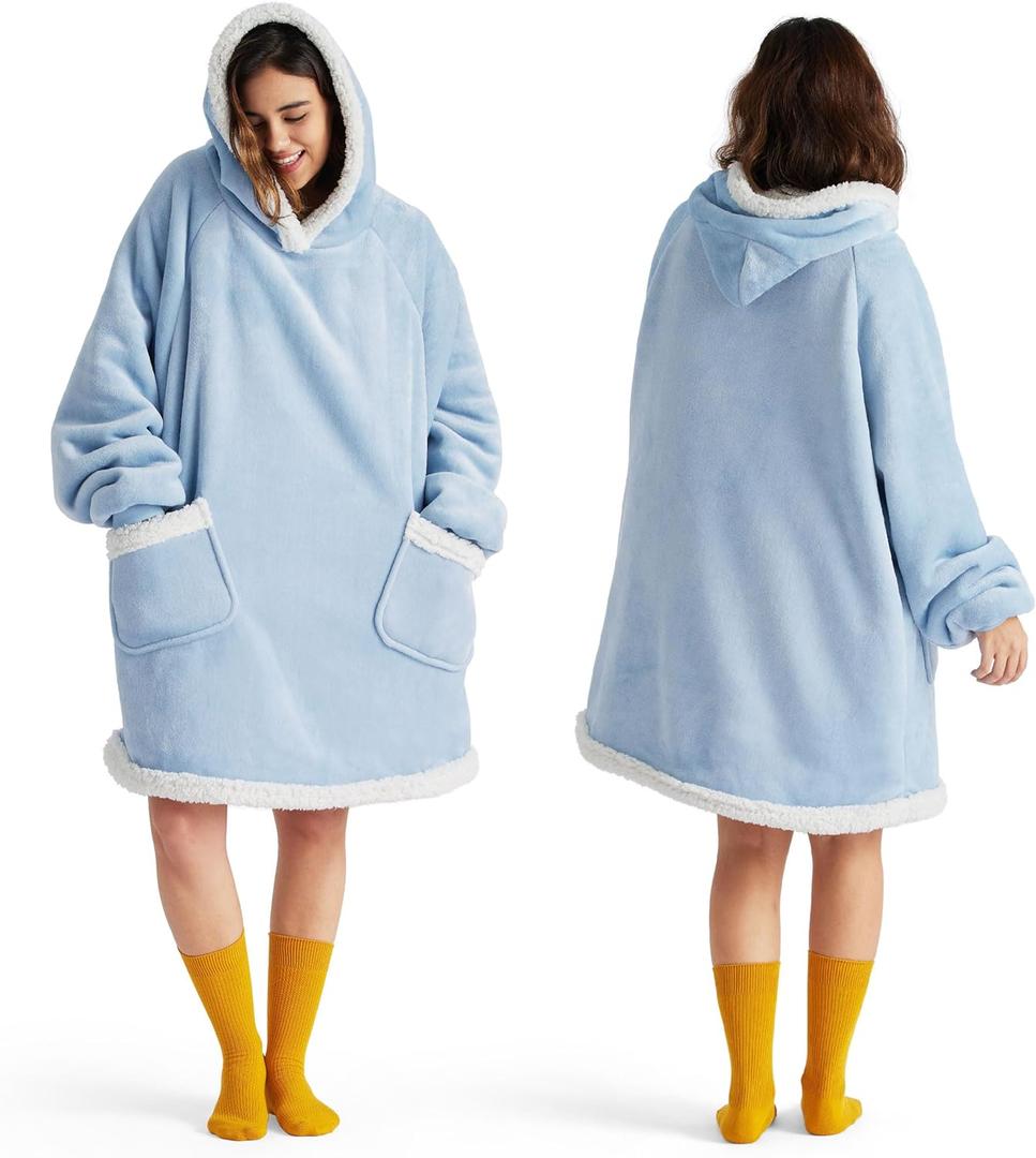 Bedsure Blanket Hoodie, Wearable Blanket Hoodie as Gifts for Mom, Birthday Gifts for Women Kids Teens Sherpa Sweatshirt, Sky Blue, Small