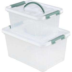 2-Pack Plastic Lidded Storage Box with Handle, Organizing Container with Lid and Latching Buckles (7 Quart/14 Quart)