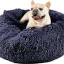 Himax Medium Dog Bed, Round Dogs Beds with Blanket Attached, Comfort Fluffy Calming Dog Bed Washable (26") Deep Grey