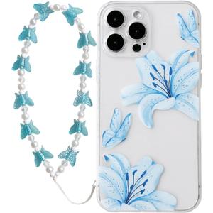 NITITOP Compatible with iPhone 15 Pro Max Case Clear with Chain Wrist Strap Cute Butterfly Lily Flower Floral Pattern for Women Girls Slim Shockproof Full Camera Protective Cover - Blue