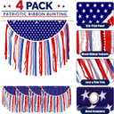 4 Pack Patriotic Rag Flags with Flagpole, 1.7x1.3ft 4th of July Decor Vintage American Flag Bunting Red White and Blue Ribbon Tassel Hanging Banner for Independence Day 250 Anniversary Decor