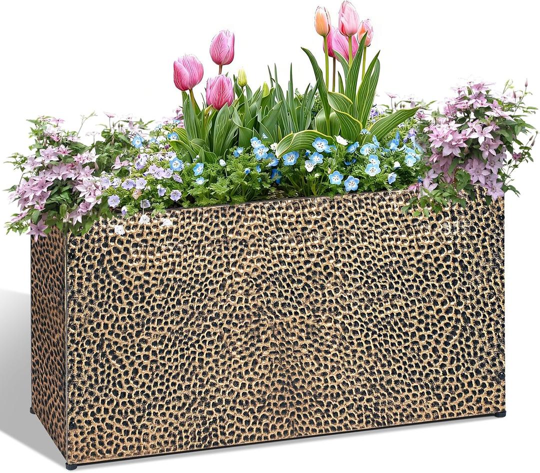 BAYN 30x12x16 Inch Rectangular Metal Planter Box – Copper Hand-Hammered Metal Planter with Pre-Drill Holes, Heavy Duty Outdoor Garden Planter for Patio, Porch, Yard