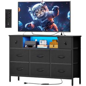 Fixwal Dresser for Bedroom with Power Outlets and LED Lights, Black 55" TV Stand with 8 Drawers, Fabric Chest of Drawers with PU Finish for Living Room, Entryway (Black)