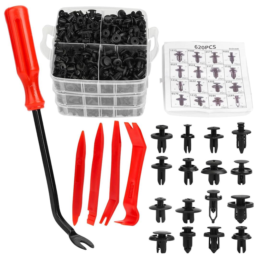 620pcs Push-Type Retainer Clips, Bumper Fender Nylon Rivets of 16 Most Popular Sizes and 5 Fastener Removers for Most Models