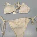 seamoly Women's Bikini Sets Ribbed Beaded Adjustable Spaghetti Strap Swimsuit Tie Side Thong Sexy 2 Piece Bathing Suit (Beige, M)